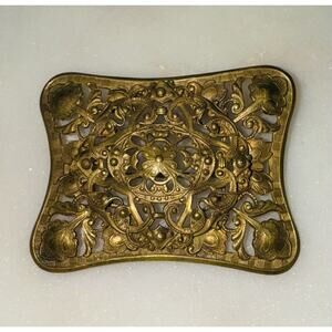Antique Art Nouveau Rectangle Buckle Brass Brooch Pin Open Work Estate